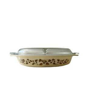 Pyrex 1.5 Quart #21 Autumn Gold Split Casserole Dish With Glass Lid Excellent